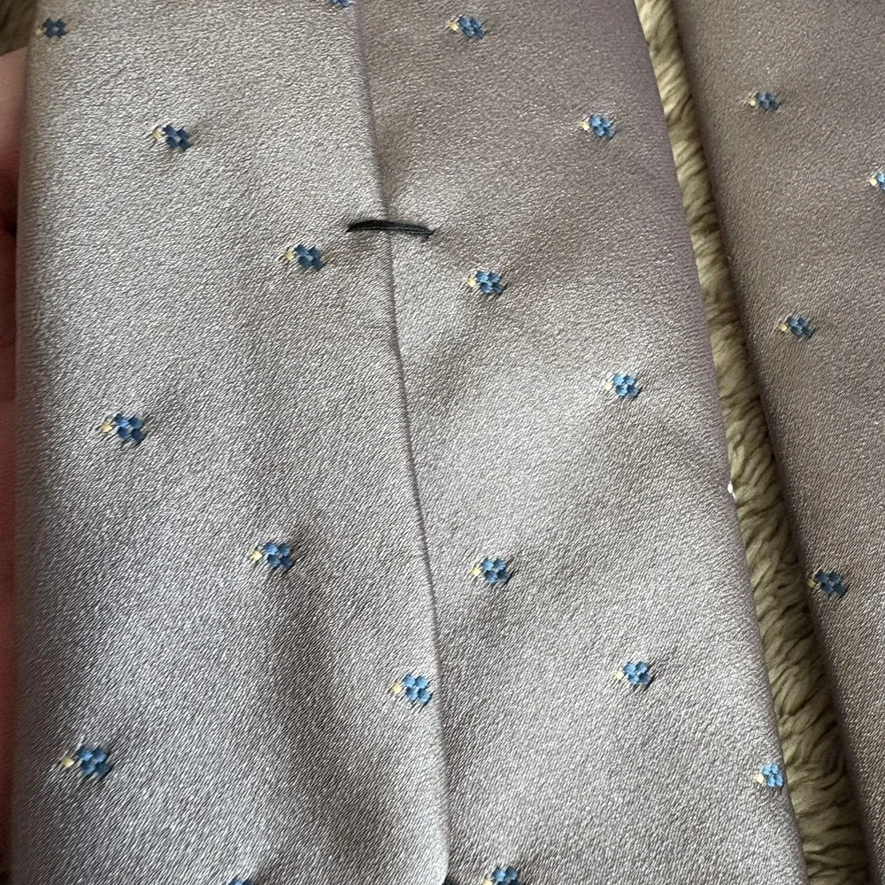 Vintage YSL Yves Saint Laurent Tan Blue Embroidered Logo Floral Dots Silk 70's